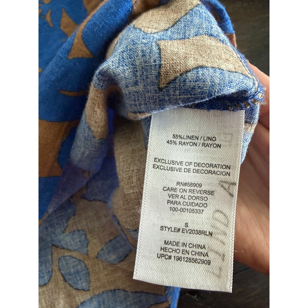 Every Linen Blend Tropical Print Button Up Short Sleeve Shirt Blue Brown Small - Picture 6 of 9